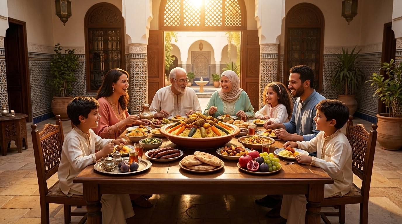 Table algérienne élégante avec couscous, huile d'olive et olives